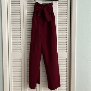Julia Allert High Waisted Paper Bag Dress Pants in Maroon
